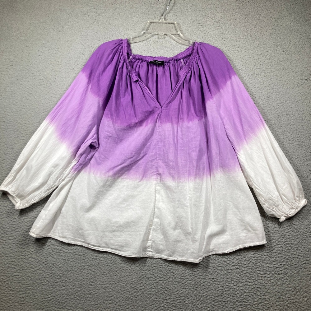 Lane Bryant Peasant Blouse Womens 18/20 Purple White Ombre Cotton Balloon Sleeve